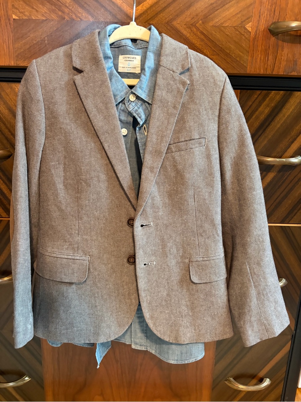 Crewcuts 6/7 chambray shirt with H&M 7/8 gray blazer (runs small)